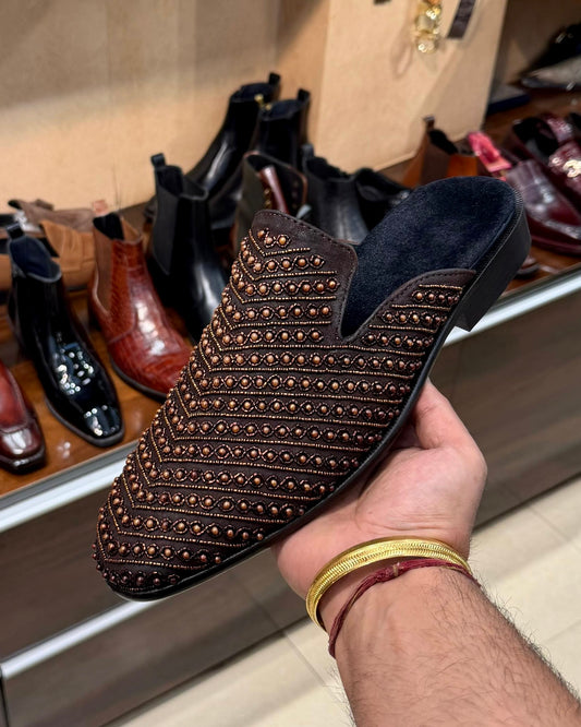Brown Suede Hand-embroidered Mules with Velvet Footbed