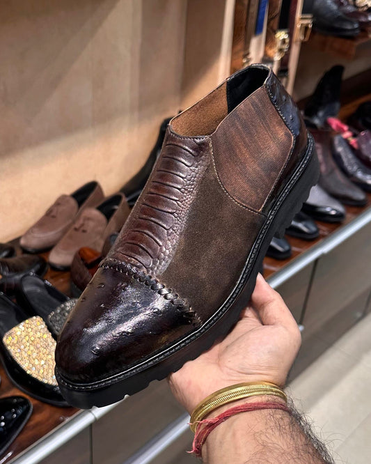 Exotic Brown Multi-tone Low Top Chelsea Boots With Lug Sole