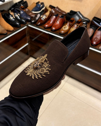Dark Brown Raw Silk Hand-embroidered Loafers