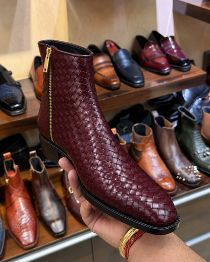 Burgundy Hand-woven Leather Zip Boots With Cuban Heel