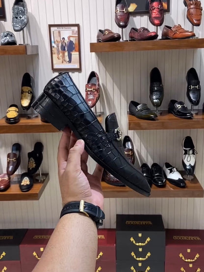 Charcoal Black Crocodile Scaled Moccasins