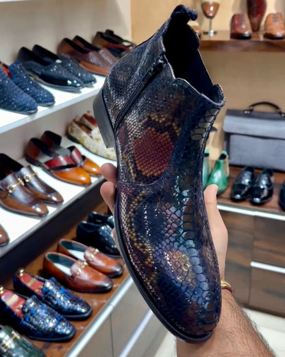 Exotic Metallic Snake Foil Zipper Boots