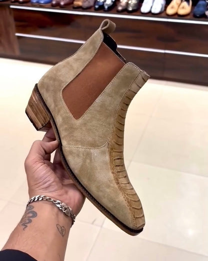 Ostrich Leg Scaled Suede Zipper Boots with Cuban Heel