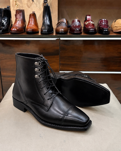 Goodyear Welted Black Calfskin Leather Derby Cap Toe Boots