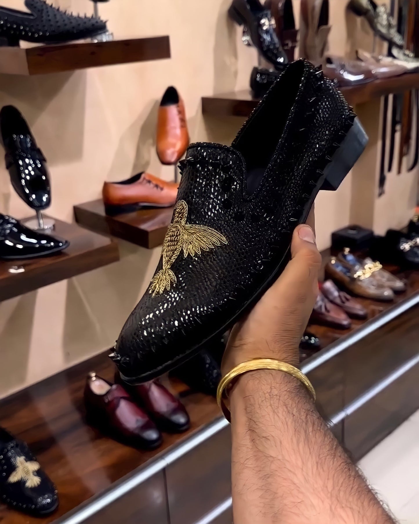Charcoal Black Phoenix Embroidered Studded Moccasins