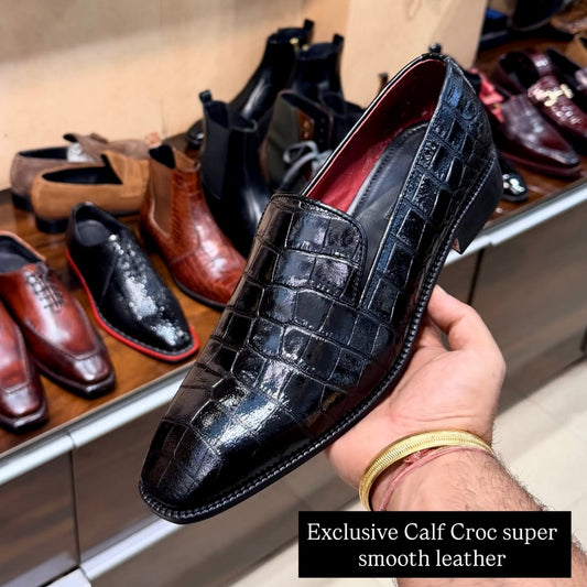 Black Smooth Calf Crocodile Venetian Loafers with Red Lining