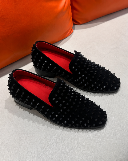 Black Suede Studded Loafers with Red Lining & Red Bottoms