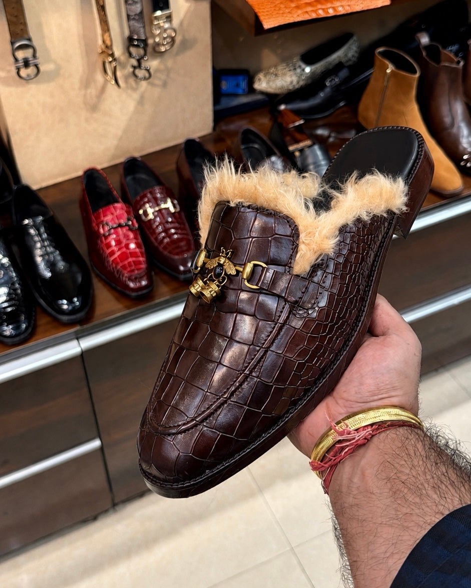 Brown Crocodile Fur Mules