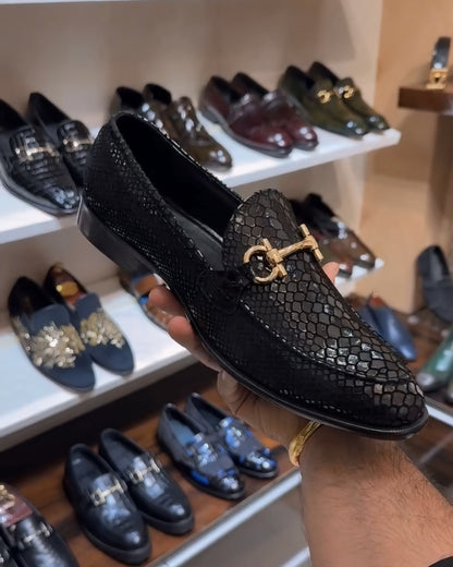 Signature Black Snake Foil Round Toe Moccasins