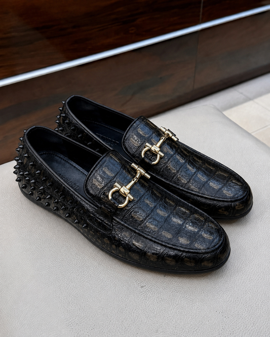 Black Alligator Studded Horsebit Driving Loafers
