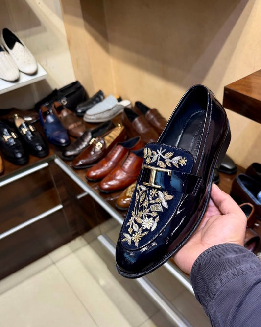 Midnight Blue Patent Leather Gold Hand-embroidered Spectator Loafers