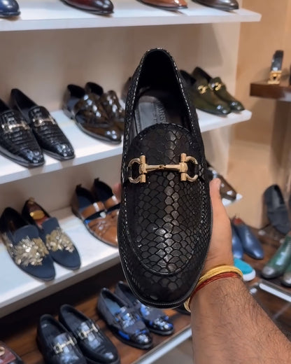 Signature Black Snake Foil Round Toe Moccasins