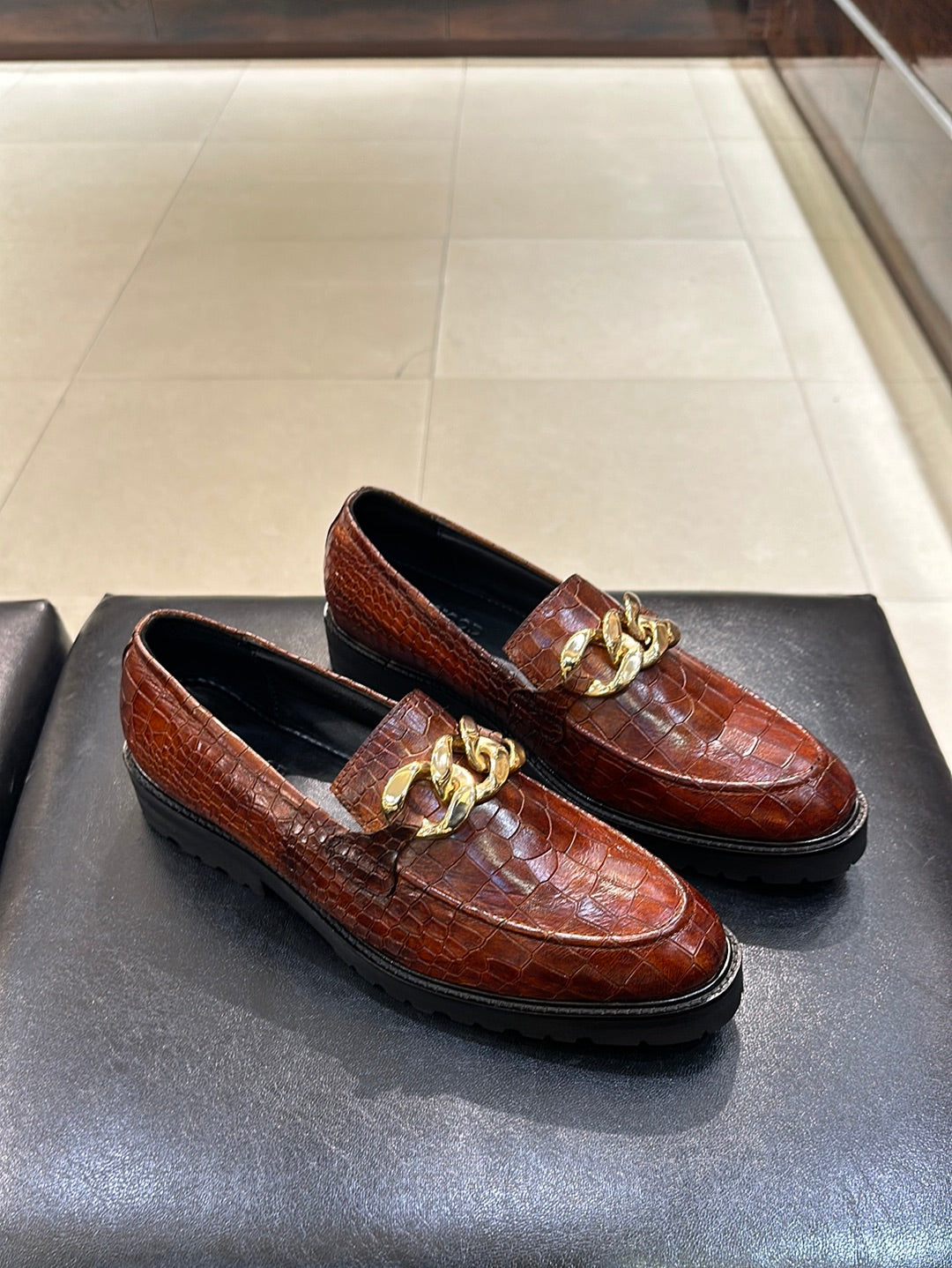 Tan Crocodile Scaled Boot Sole Chain Buckle Moccasins