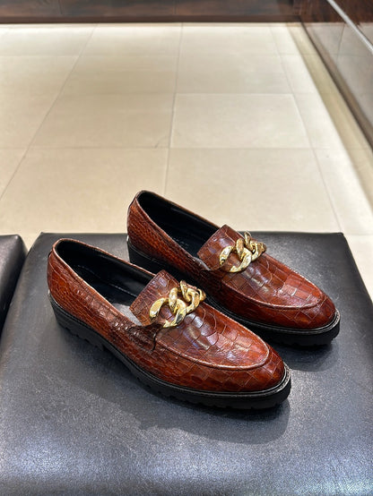 Tan Crocodile Scaled Boot Sole Chain Buckle Moccasins