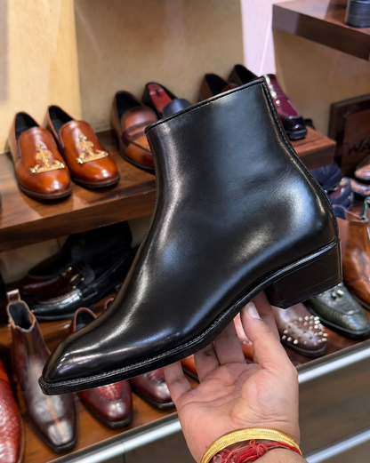 High-top Black Calfskin Leather Boots With Cuban Heel
