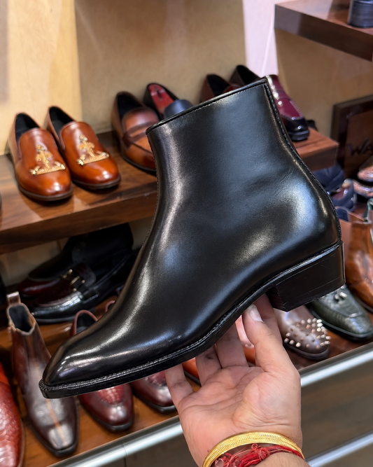 High-top Black Calfskin Leather Boots With Cuban Heel