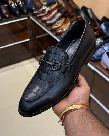All Black Crocodile Scaled Gunmetal Horsebit Loafers