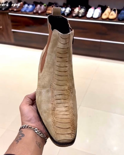 Ostrich Leg Scaled Suede Zipper Boots with Cuban Heel