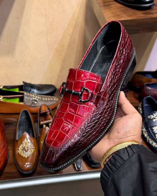 Burgundy & Red Patent Crocodile Horsebit Loafers