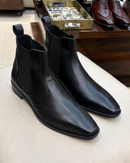 Classic Black Italian Leather Chelsea Boots with Chisel Toe