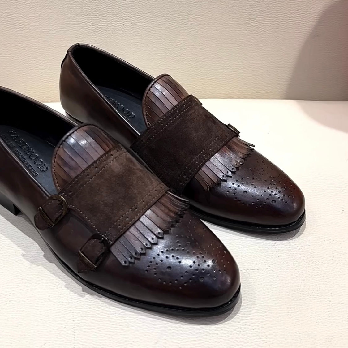 Italian Crust Brown Patina Fringe Moccasins with Suede Monk Strap