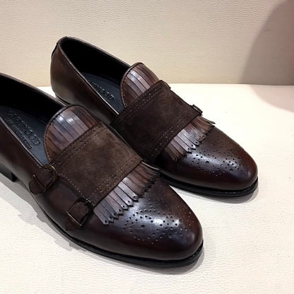 Italian Crust Brown Patina Fringe Moccasins with Suede Monk Strap