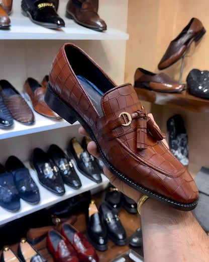 Dark Tan Crocodile Scaled Tassel Loafers