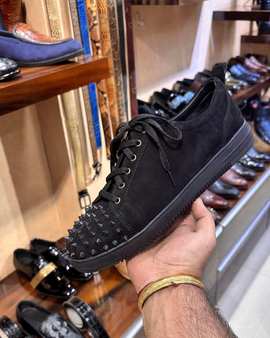 Black Suede Studded Toe Lace-up Sneakers