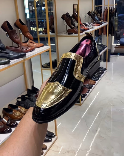 Gold Wingtip Patent Leather Slip-on Oxfords