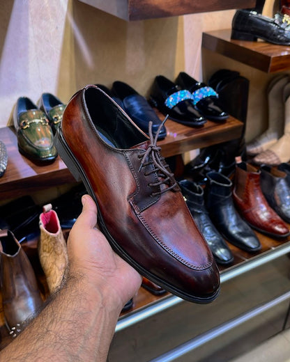 Burnished Brown Patina Split Toe Derby Shoes