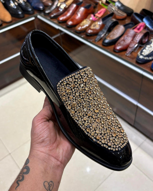 Black Patent Leather Gold Diamond Embroidered Loafers