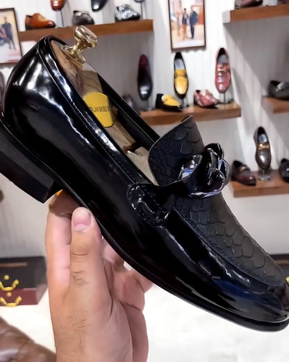 Black Patent Cobra Scaled Loafers with Chain Buckle