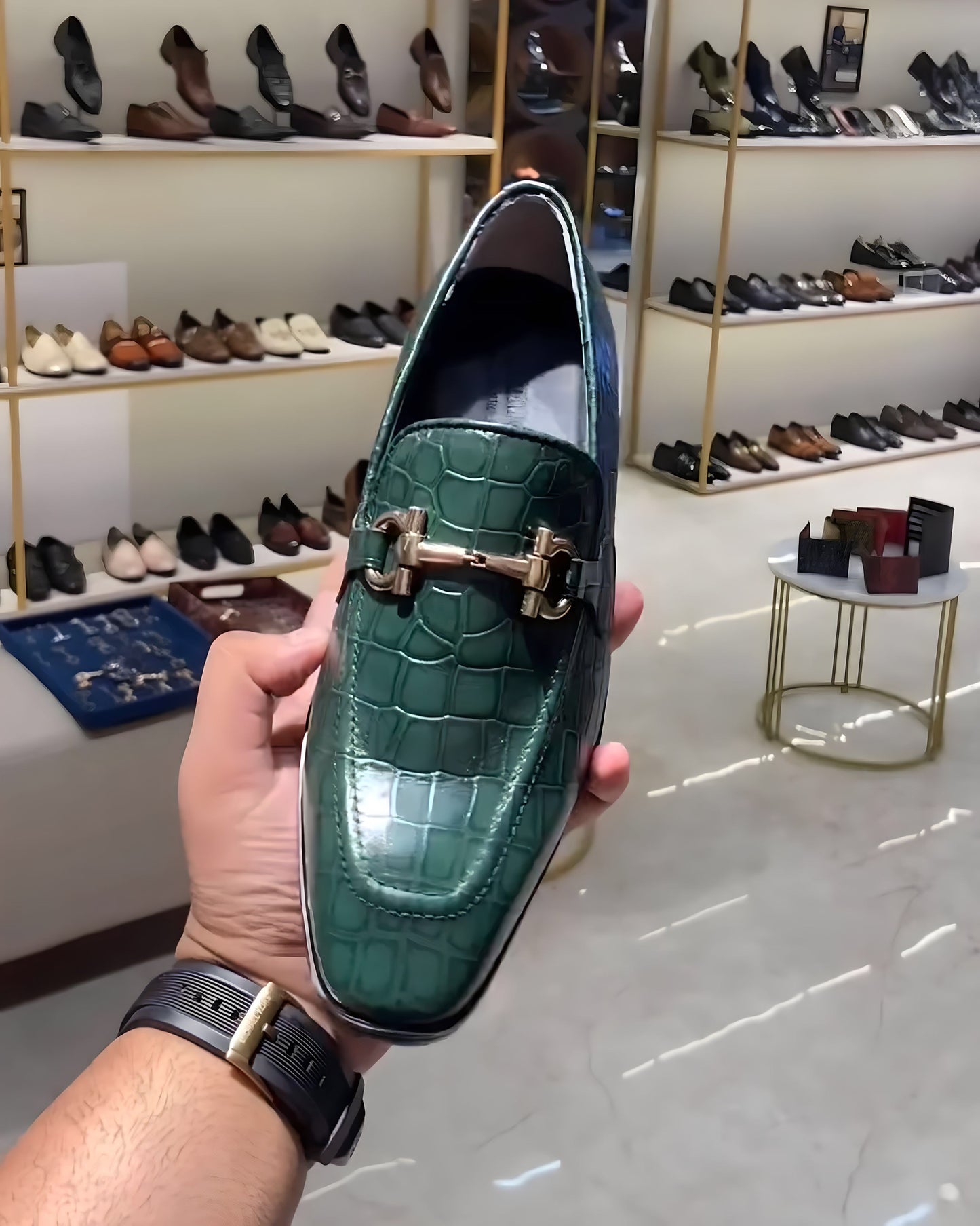 Green Crocodile Scaled Moccasins with Rubber Sole