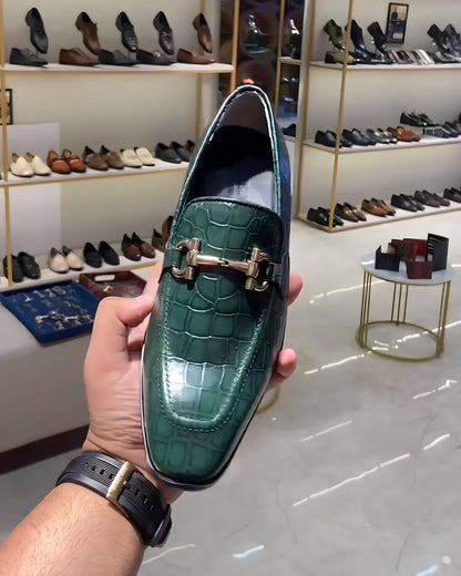 Green Crocodile Scaled Moccasins with Rubber Sole