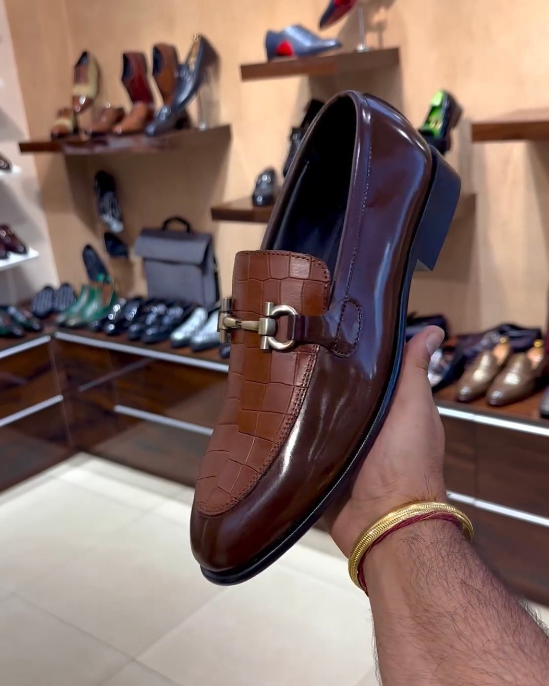 Caramel Brown Crocodile Scaled Spectator Moccasins