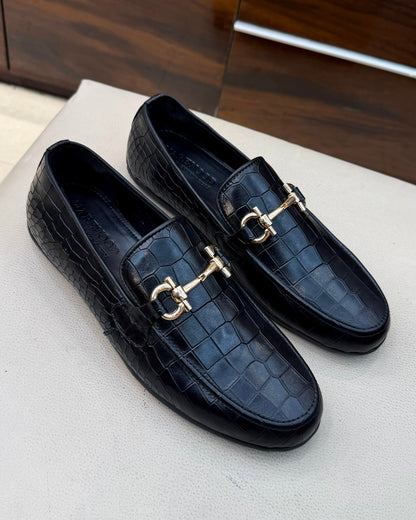 Black Crocodile Scaled Horsebit Driving Loafers