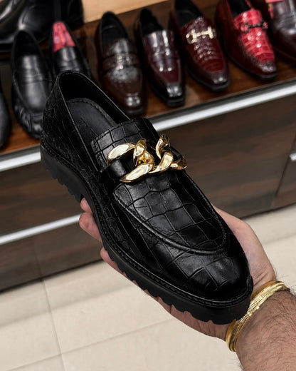 Black Crocodile Chunky Loafers With Gold Chain