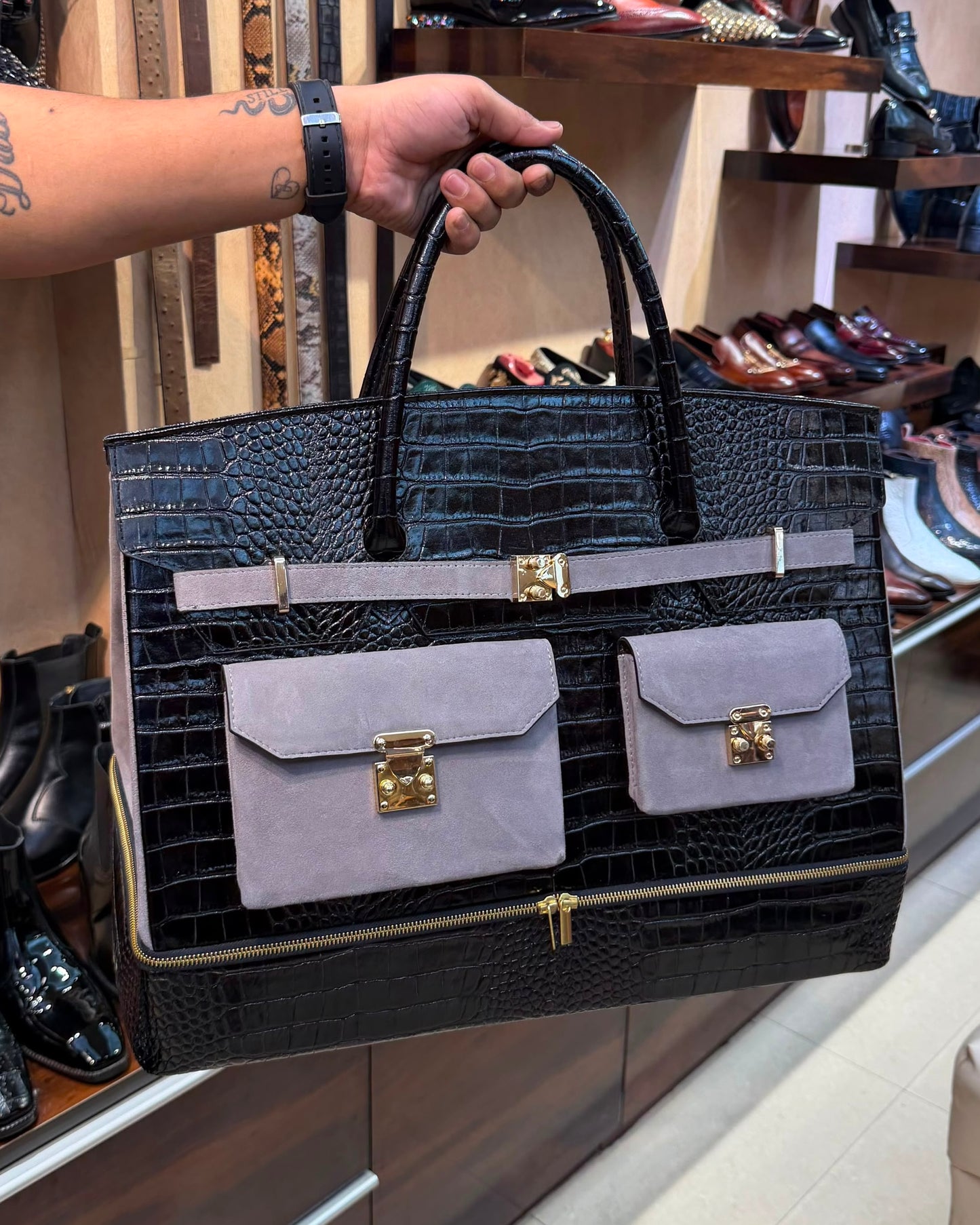 Black Crocodile And Grey Suede Travel Bag With Bottom Shoe Compartment