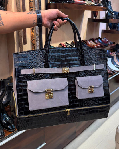Black Crocodile And Grey Suede Travel Bag With Bottom Shoe Compartment