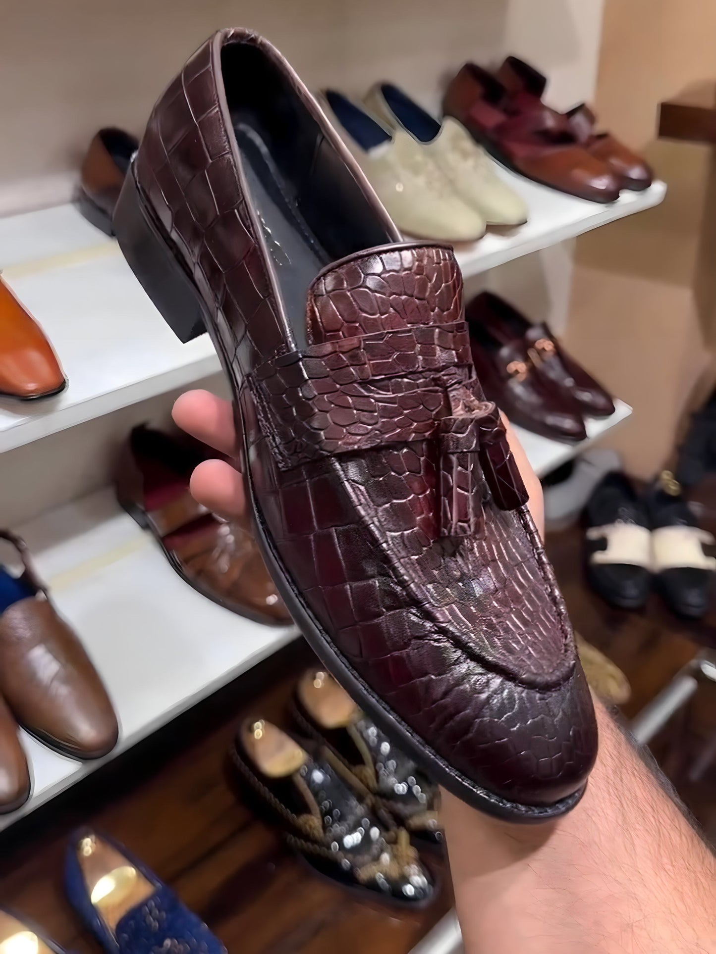 Wine Shade Crocodile Scaled Tassel Moccasins