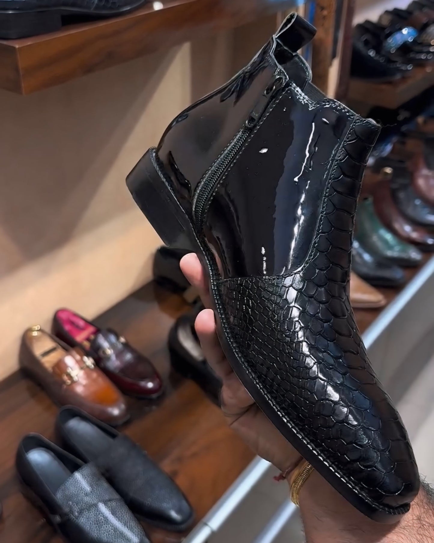 Black Mirror Gloss Cobra Scaled Low-top Zip Boots