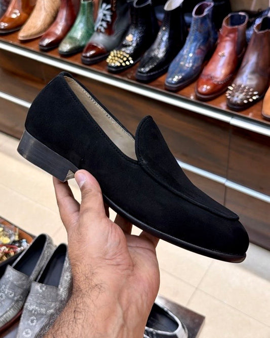 Black Suede Belgian Loafers with Beige Lining