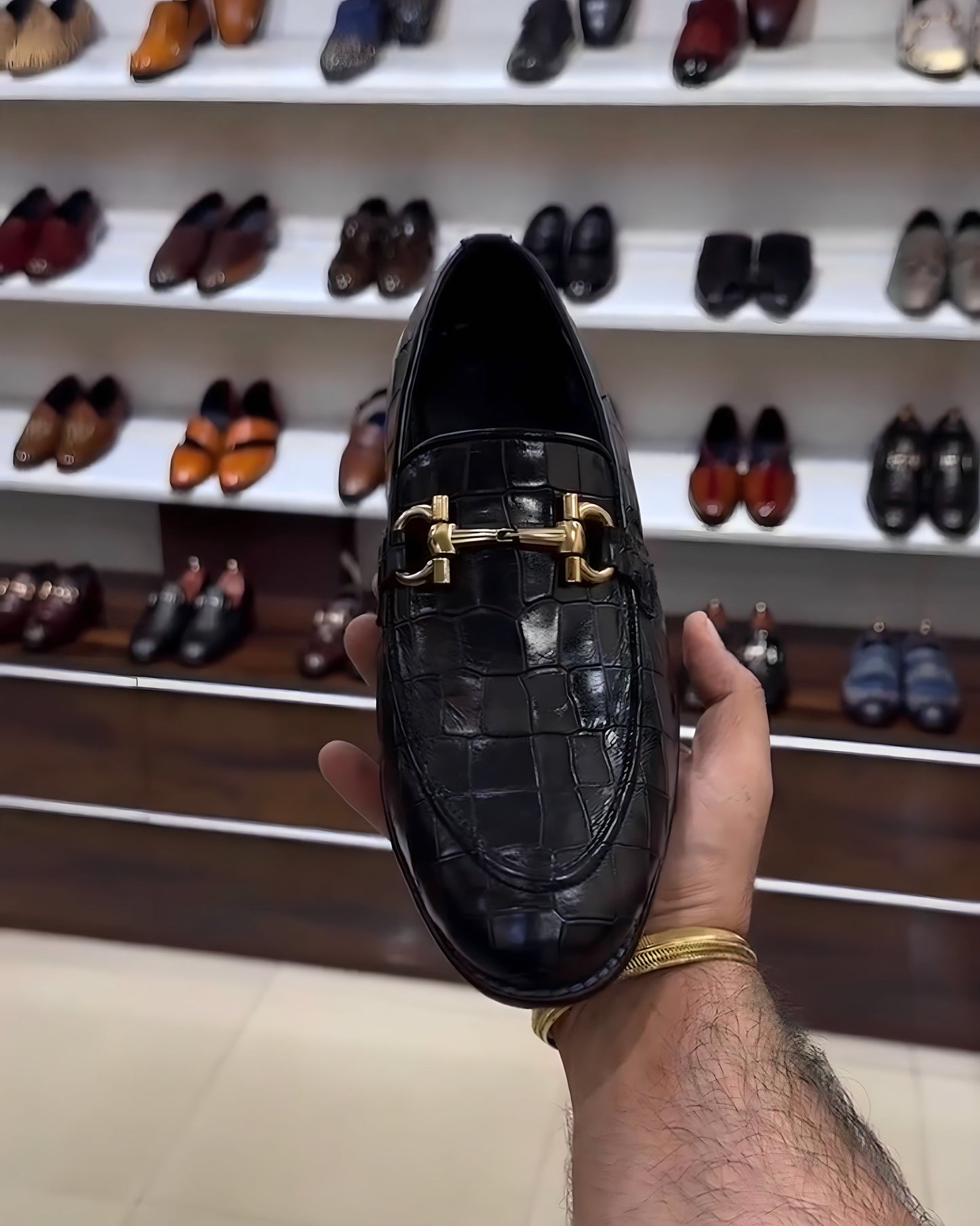 Smooth Black Crocodile Leather Loafers with Gold Buckle