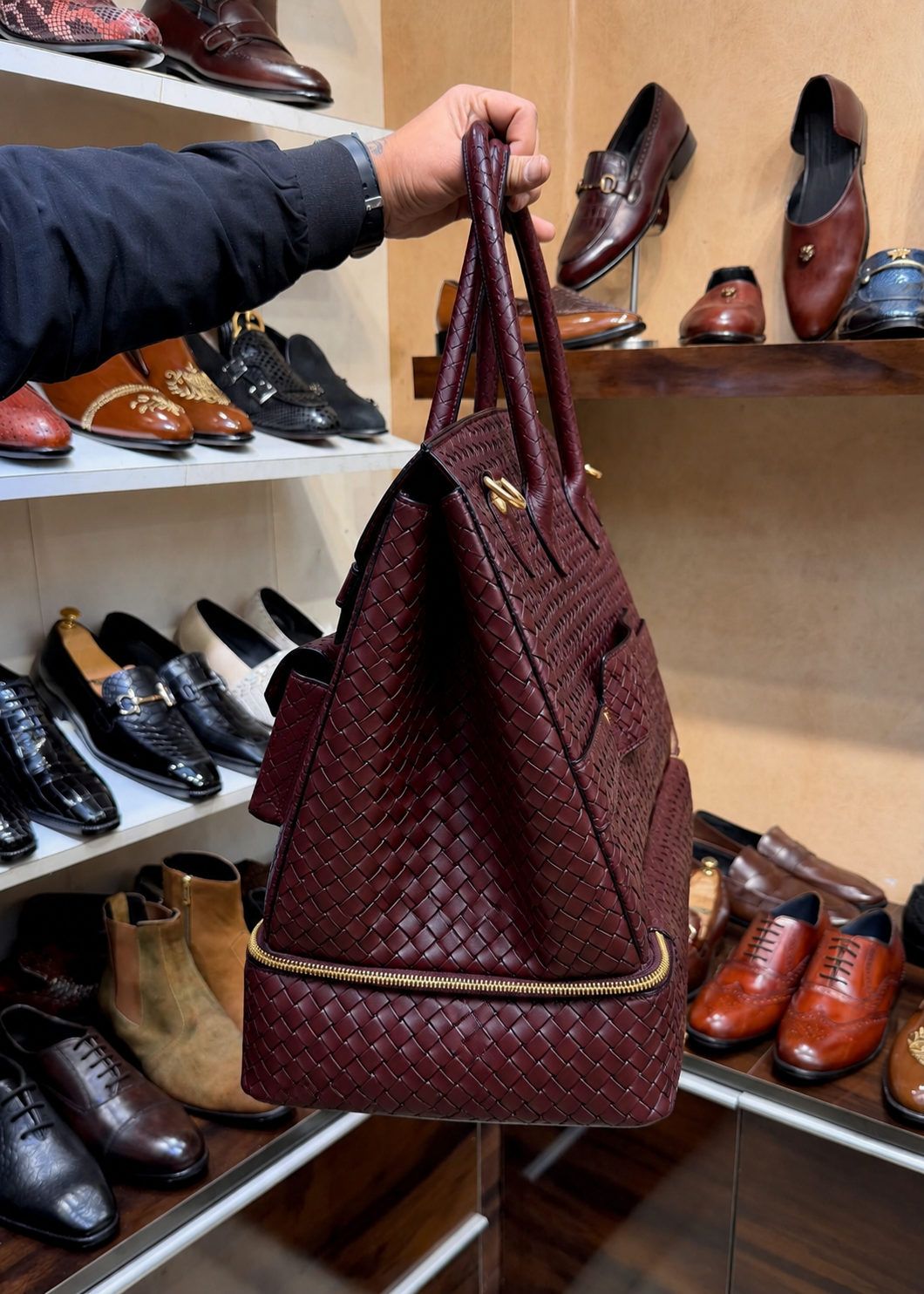 Burgundy Hand-Woven Leather Travel Bag with Bottom Shoe Compartment