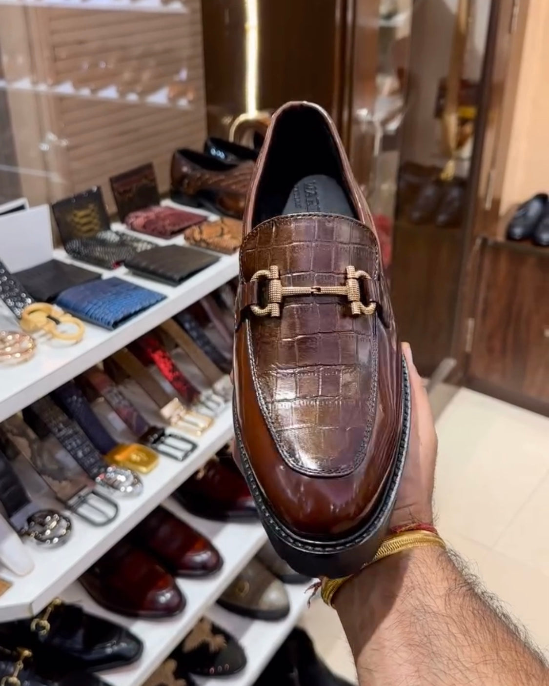 Walnut Brown Crocodile Scaled Boot Sole Moccasins