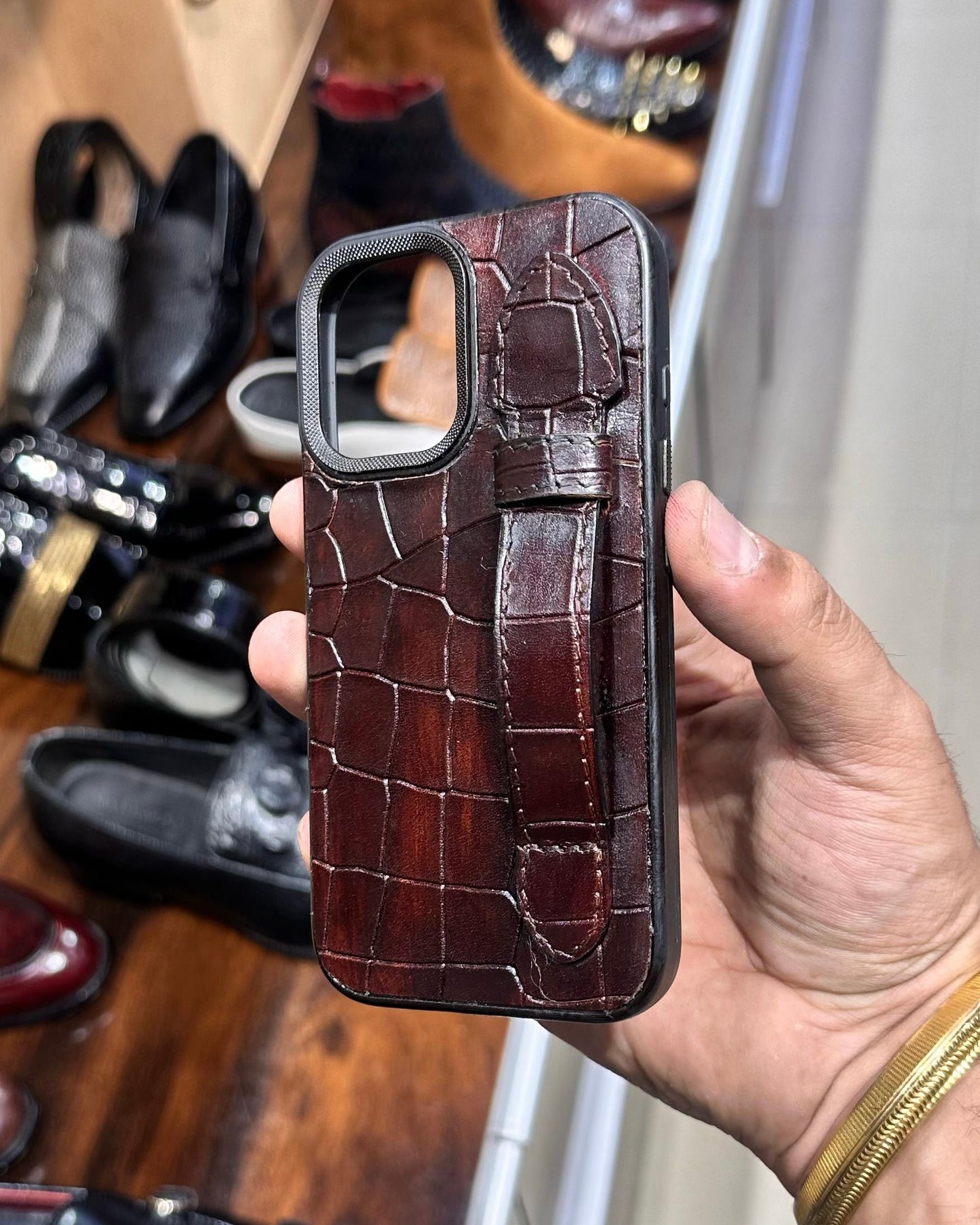Burnished Brown Crocodile Leather Mobile Cover With Holding Finger