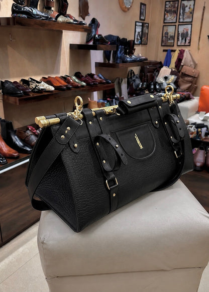 All Black Italian Leather Duffle Bag with Gold Pipe