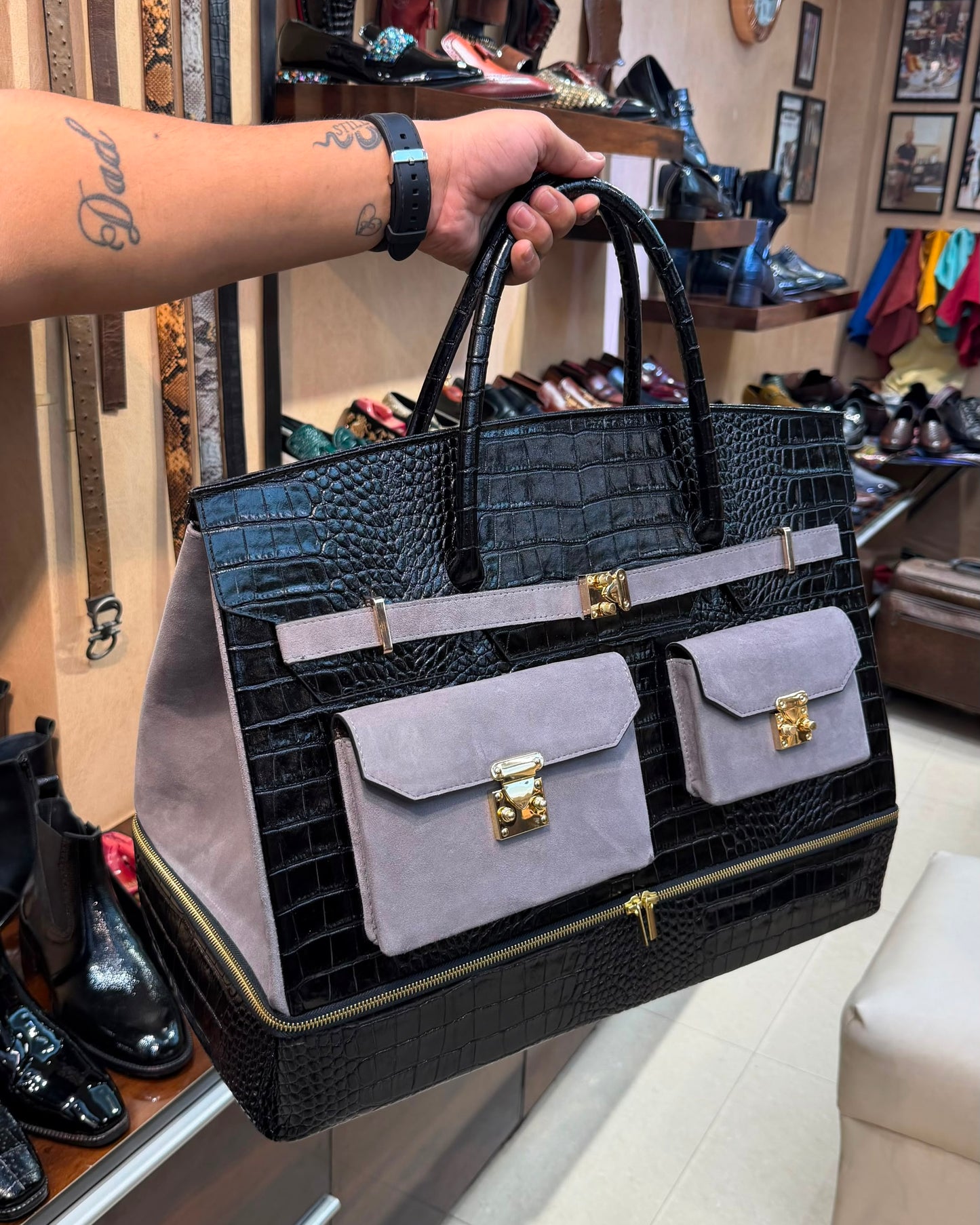 Black Crocodile And Grey Suede Travel Bag With Bottom Shoe Compartment