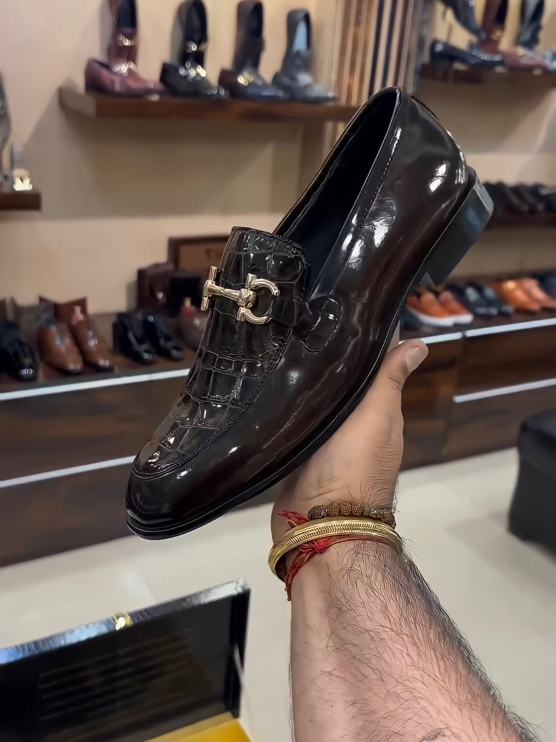 Brown Patent Croc Brush Off Leather Moccasins