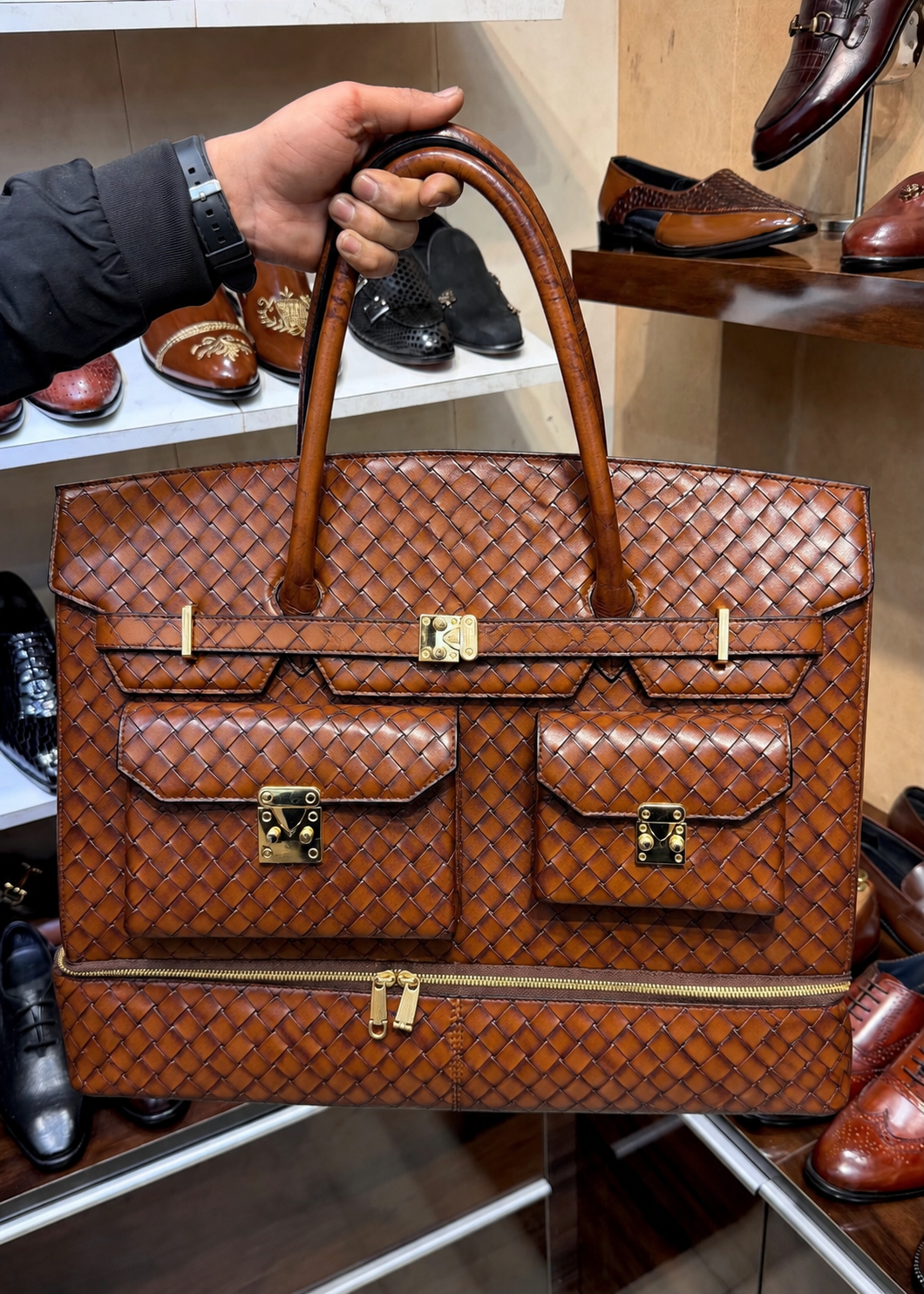 Burnished Tan Hand-Woven Leather Travel Bag with Bottom Shoe Compartment